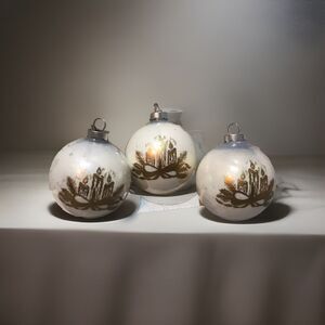 Lot 3 Vintage White 3 Gold Candle Detailed Glass Christmas Ornaments